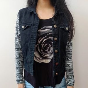 Black Denim Jacket Patterned Contrast Sleeves
